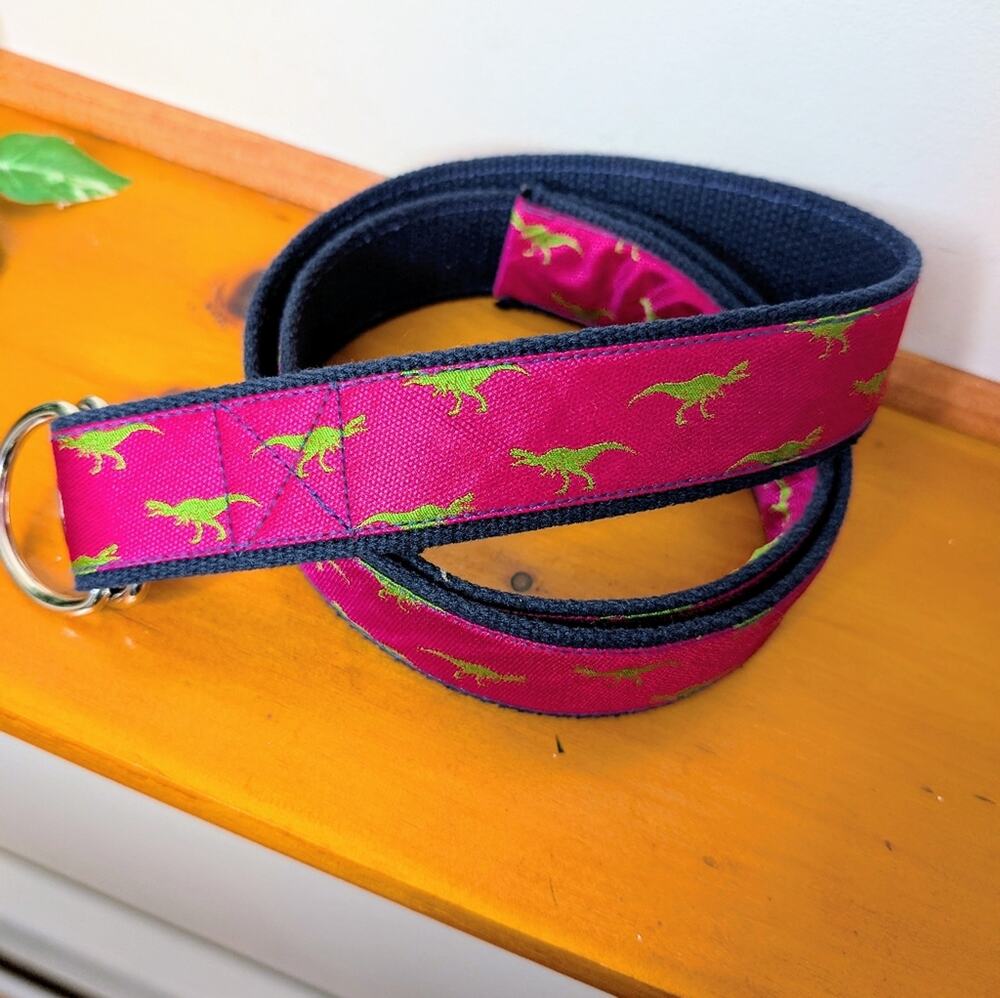 Beau Ties of Vermont Dinosaur D‑Ring Belt – Pink & Green – Size L (~46”)